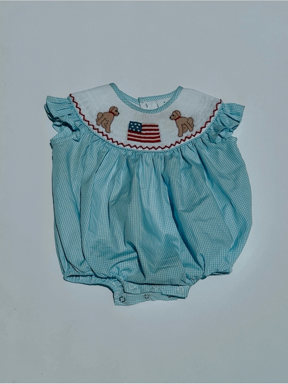 Baby Bubble Romper with Patriotic Flag & Puppy Smocking - Light Blue